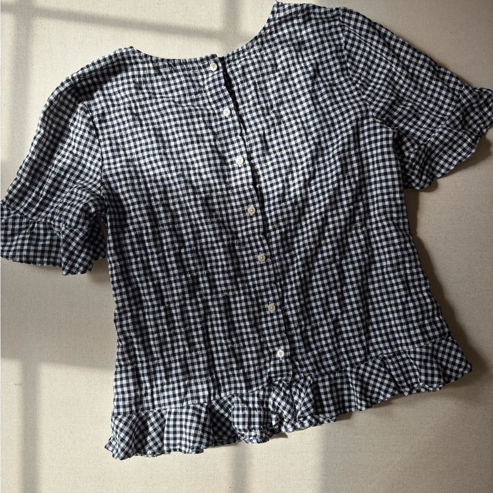 Breezy Cotton Gingham Button-Back Ruffle Blouse